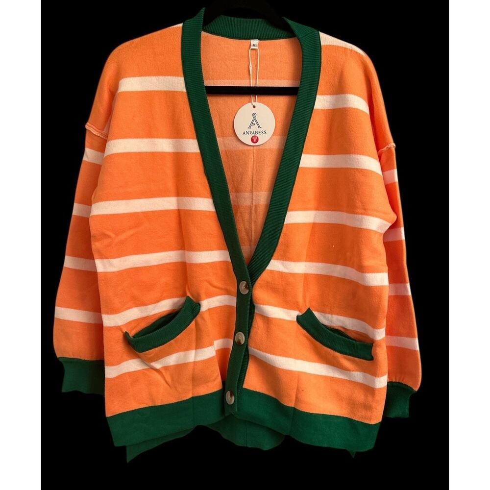 Anrabess Cardigan Sweater Oversized Medium Women’s Striped Orange‎ Green